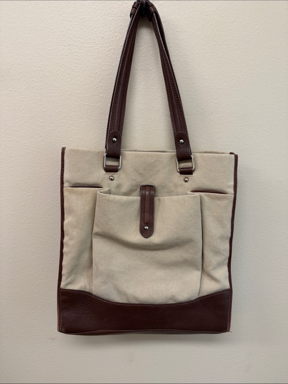 Halogen Beige and Brown Canvas Tote with Front Pocket